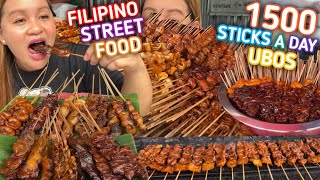 Filipino Street Food IHAW IHAW Pork Barbeque Isaw Balat Atay at Bulaklak ni Aleng Bebengs Bbq [upl. by Bandeen]