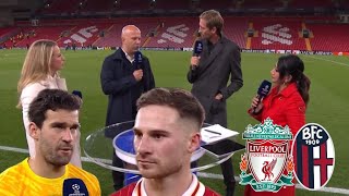 Liverpool vs Bologna 20 post match reactions Arne slot Alisson Becker amp Mac Allister interview [upl. by Haziza795]