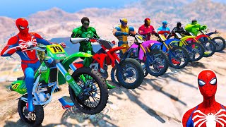 SPIDERMAN RACIMG MOTORBIKES Stunts Challenge on Beach MEGA RAMP SUPERHEROES Street Blazer Racing [upl. by Alyag]