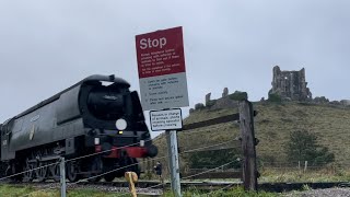 Battle of Britain class 34070 Manston steams past Corfe Castle [upl. by Haseefan]