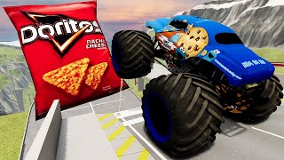 Monster Trucks Jumping Into GIANT Doritos LIVE  BeamNG Drive  Griffs Garage [upl. by Aicad]