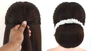 Easy bun hairstyle to look stylish in a saree  wedding juda bun full hairstyle tutorials [upl. by Ativak686]