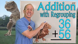 Adding 2Digit Numbers With Regrouping  DoubleDigit Addition with Dinosaurs [upl. by Lydie]