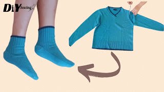 The Easiest Way to Sew Warm Socks with an Old Sweater  Recycle  DIY [upl. by Aneeuq]