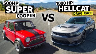 500hp Super Mini Cooper vs 1000hp Dodge Charger Hellcat NO PREP Drag Race [upl. by Sadira370]