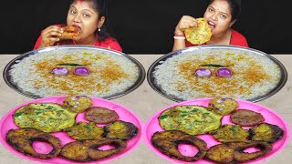 PANTA BHAT FISH FRY EGG OMELETTE EATING CHALLENGE  PANTA BHAT EATING CHALLENGE  food family amp more [upl. by Annatnas]