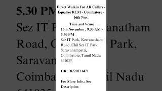 Direct Walkin For AR Callers  Equalize RCM  Coimbatore  16th Nov [upl. by Onailerua]