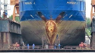 container seaship PERSEUS J 5BYB2 IMO 9371414 in floating dock Containerschiff im Schwimmdock [upl. by Enelhtak]