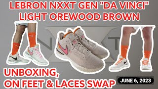 LeBron NXXT Gen quotDa Vinciquot Light Orewood Brown Unboxing and Laces Swap to Orange and Pink [upl. by Terrej]