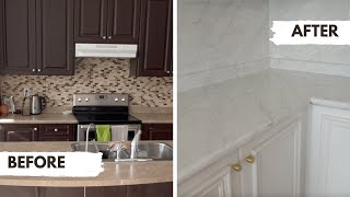 How to install Peel and Stick contact paper  Countertop amp Backsplash Makeover RenterFriendly [upl. by Takken621]