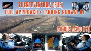 FUERTEVENTURA FUE  Airbus 320 NEO pilots  cockpit  instrument views  approach  landing Rwy 01 [upl. by Niryt]