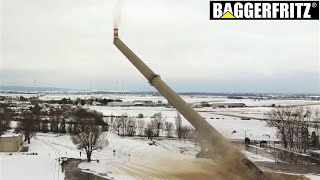 Sprengung 100mSchornstein Lafarge  blasting of 100m high smokestack  drone view  slow motion [upl. by Lleuqram]