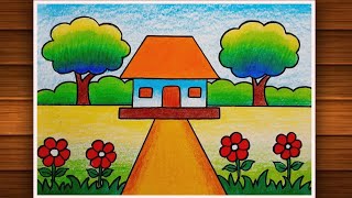 Very Easy House Scenery Drawing  How to Draw Scenery Step by Step  Scenery [upl. by Arda]