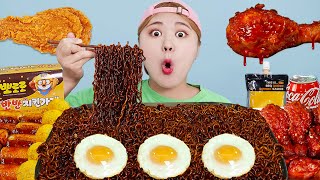 MUKBANG 직접 만든 짜파게티 뽀로로 양념치킨 치즈볼 먹방 BLACK BEAN NOODLES FRIED CHICKEN EATING SOUND  HIU 하이유 [upl. by Anaek]