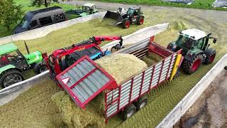 Fahrsilofüllen 🇨🇭🌽🚜 mit Bunkerhäcksler Feldhäcksler Traktoren und Trucks quotTrailerquot [upl. by Edurtreg]