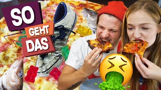 EKEL PIZZA CHALLENGE  Pizza mit GUMMIBÄRCHEN und METT  So Geht Das [upl. by Airotal]