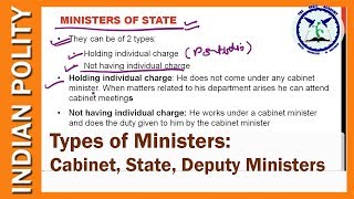 Types of Ministers Cabinet Ministers of State Deputy Ministers  Indian Polity  SSC CGL [upl. by Aikmat]