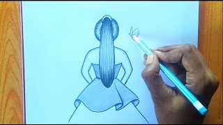 How to draw a girl backside with hair  Simple pencil sketch tutorial for beginner  Easy drawing [upl. by Geno27]