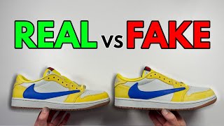 REAL VS FAKE NIKE X TRAVIS SCOTT AIR JORDAN 1 LOW YELLOW CANARY SNEAKER COMPARISON [upl. by Awahsoj]