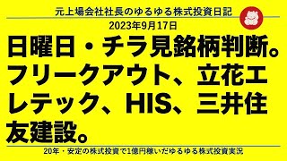 日曜日・チラ見銘柄判断。フリークアウト、立花エレテック、HIS、三井住友建設。 [upl. by Camus]