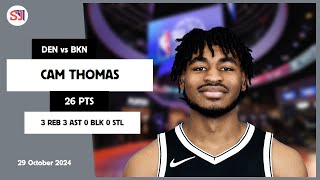 CAM THOMAS 26 PTS vs DEN 29 Oct 2425 BKN Highlights [upl. by Adnor75]