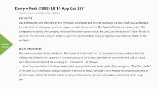 Case Law Contract fraudulent misrepresentation Derry v Peek 1889 LR 14 App Cas 337 [upl. by Nike]