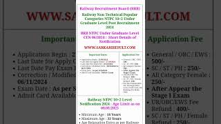 Railway Non Technical Popular Categories NTPC 102 Under Graduate Level Post Recruitment [upl. by Remsen686]