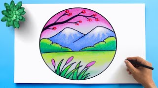 Easy Scenery Drawing  Colorful landscape to draw [upl. by Llewkcor252]