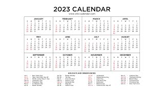 Year 2023 Calendar Printable with Holidays  Wiki Calendar [upl. by Perice709]