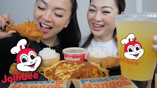 JOLLIBEE Feast with SAS Funny Spicy Chickenjoy with Spaghetti Mukbang  NE Lets Eat [upl. by Kancler]