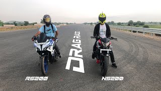 Pulsar Ns200 vs Pulsar Rs200 DRAG RACE  Top End  Expressway Battle [upl. by Ennayar620]