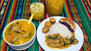 ALMUERZO COMPLETO Sopa de cebada con menudencia Pollo en salsa de maní y jugo de Piña [upl. by Nosahc]