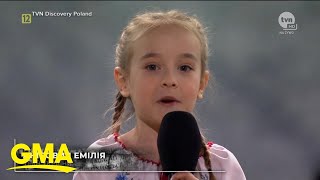 7yearold refugee sings Ukrainian national anthem l GMA [upl. by Collbaith]