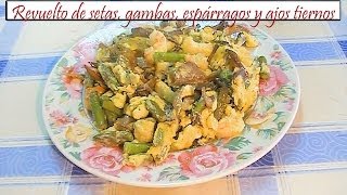 Revuelto de setas gambas espárragos trigueros y ajos tiernos  Receta de Cocina en Familia [upl. by Feinstein377]