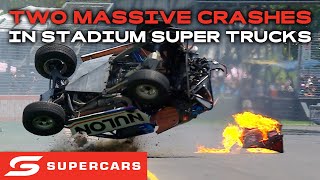 Two MASSIVE Stadium Super Truck Crashes In Adelaide  2024 Repco Supercars Championship [upl. by Aled758]