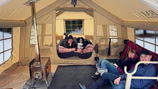 2 Days Family Snow Camping in 2 ROOM INFLATABLE Hot Tent with DOG [upl. by Ainwat301]