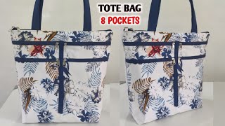 How to make a simple tote bag with 8 POCKETS at home  CLOTH BAG MAKING  DIY TOTE BAG WITH LINING [upl. by Lebatsirc691]