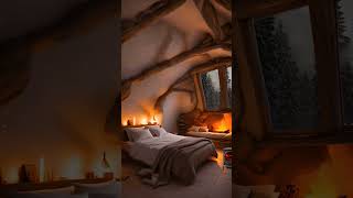 Warm and cozy cave house bedroom on a snowy day cozy blizzard relax ambience woodstove winter [upl. by Aicram]