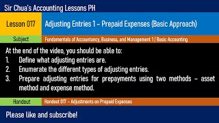 Lesson 017  Adjusting Entries 1 Prepaid Expenses Basic Approach [upl. by Snider]