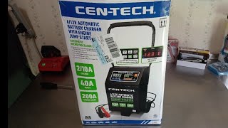 CenTech 21040200amp 612volt Automatic Battery Charger wEngine Jump Start  Item 63423  56422 [upl. by Adnuahs715]