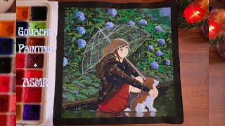 🌱Anime Girl and Dog in Rain 🌸Jelly Gouache Painting  ASMR cozy Painting [upl. by Corso]