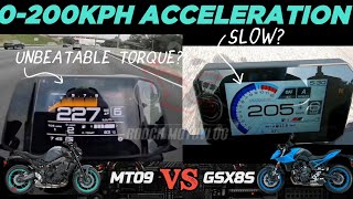 Yamaha MT09 🆚️ Suzuki GSX 8S  0200kph Acceleration  Top Speed Attempt 🔥 [upl. by Tsiuqram]