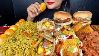 ASMR EATING MAGGI MASALA NOODLESMASALA EGGSDAHI KACHORIONION PAKORAALOO TIKKI BURGER [upl. by Pedersen259]