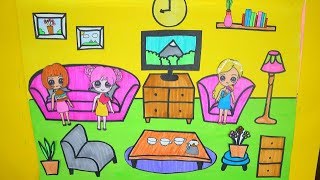 NGÔI NHÀ BB GIẤY8  Làm phòng khách bằng giấy cho búp bê  How to make paper dolls living room [upl. by Easlehc]