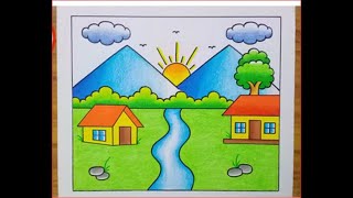 Easy Village Scenery Drawing  Simple Landscape Scenery Drawing [upl. by Griffin]