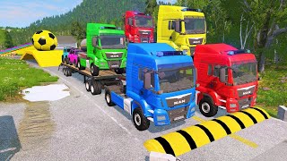 Double Flatbed Trailer Truck vs Speedbumps Train vs Cars  Tractor vs Train BeamngDrive 050 [upl. by Freddi]