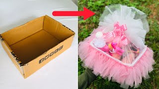 DIY HAMPER From CARDBOARD BOX  Cardboard Reuse Ideas  Cute Hamper [upl. by Ahsain570]