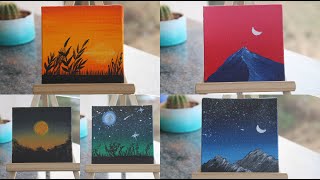 5 Paintings For Beginners  Complete Guide on Blending Techniques  Painting on 5 Tiny Canvases [upl. by Ennairam]