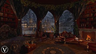 Winter Hogwarts Library  Night Ambience  Fireplace Wind Snowstorm amp Blizzard Sounds [upl. by Aldredge]