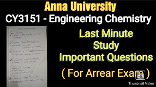 CY3151 Engineering Chemistry  Arrear Exam  Important Questions  last minute studyAnna University [upl. by Pasho573]